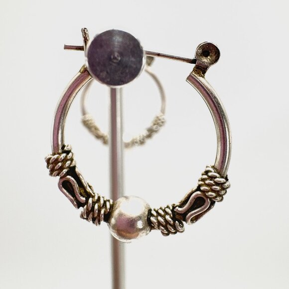 VTG Sterling Silver 925 Bead & Rope Design Hoop Earrings Size 1" Length - Picture 5 of 9